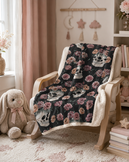 Floral Skull Pattern Sherpa Blanket | Rose Skull Fleece Throw