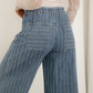 Cora Blue Stripe Button Pleated Drawstring Waist Casual Wide Leg Jeans