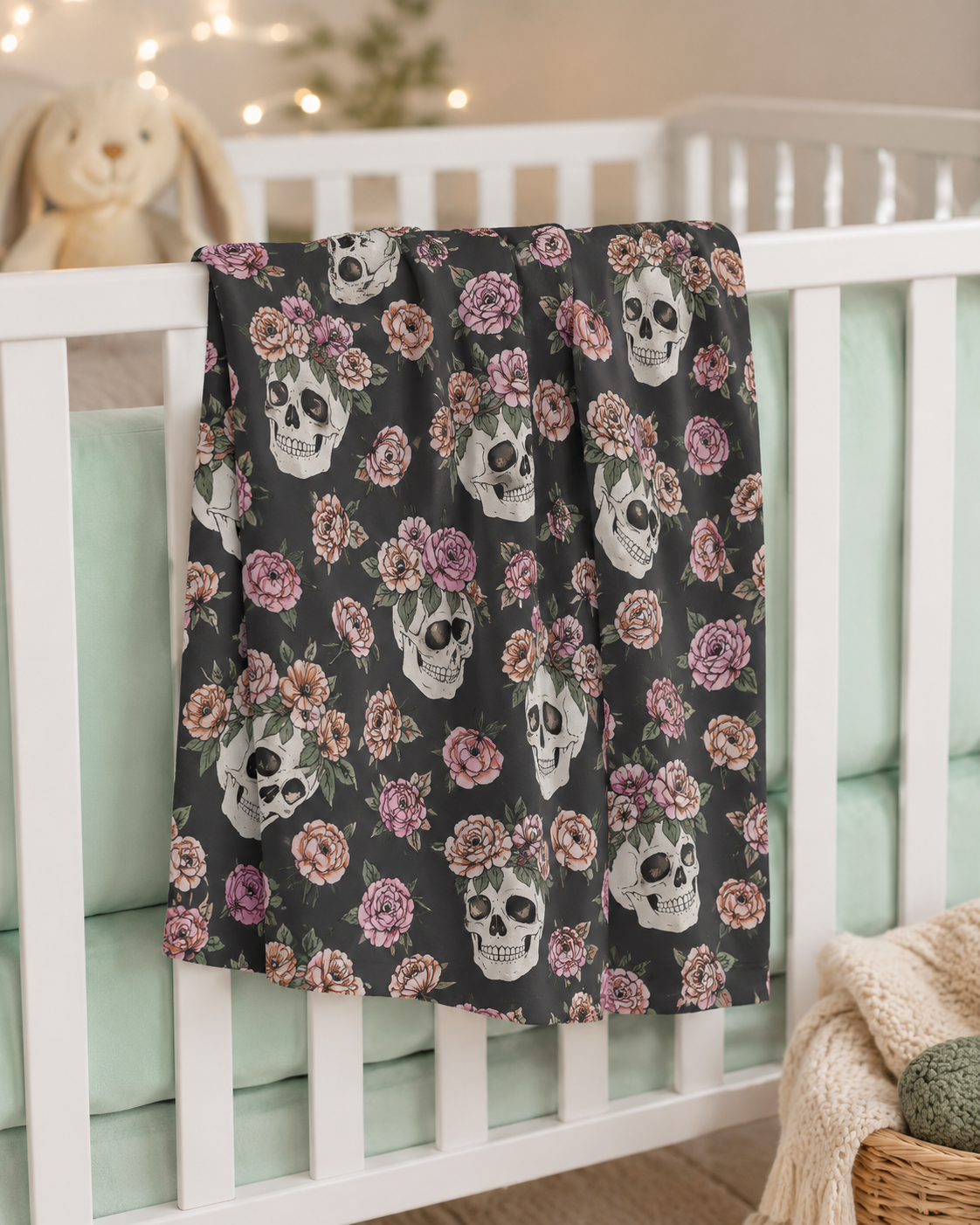 Floral Skull Baby Swaddle Blanket | Dark Rose Newborn Blanket