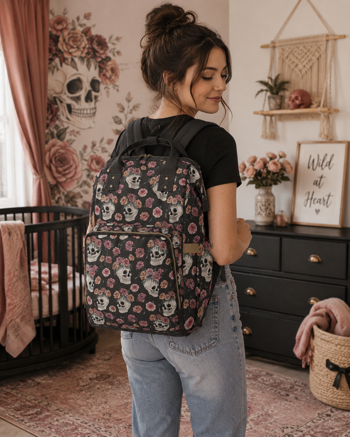 Floral Skull Diaper Backpack | Dark Rose Baby Bag