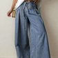 Cora Blue Stripe Button Pleated Drawstring Waist Casual Wide Leg Jeans