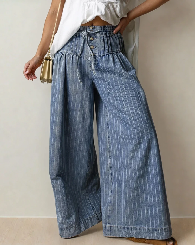 Cora Blue Stripe Button Pleated Drawstring Waist Casual Wide Leg Jeans