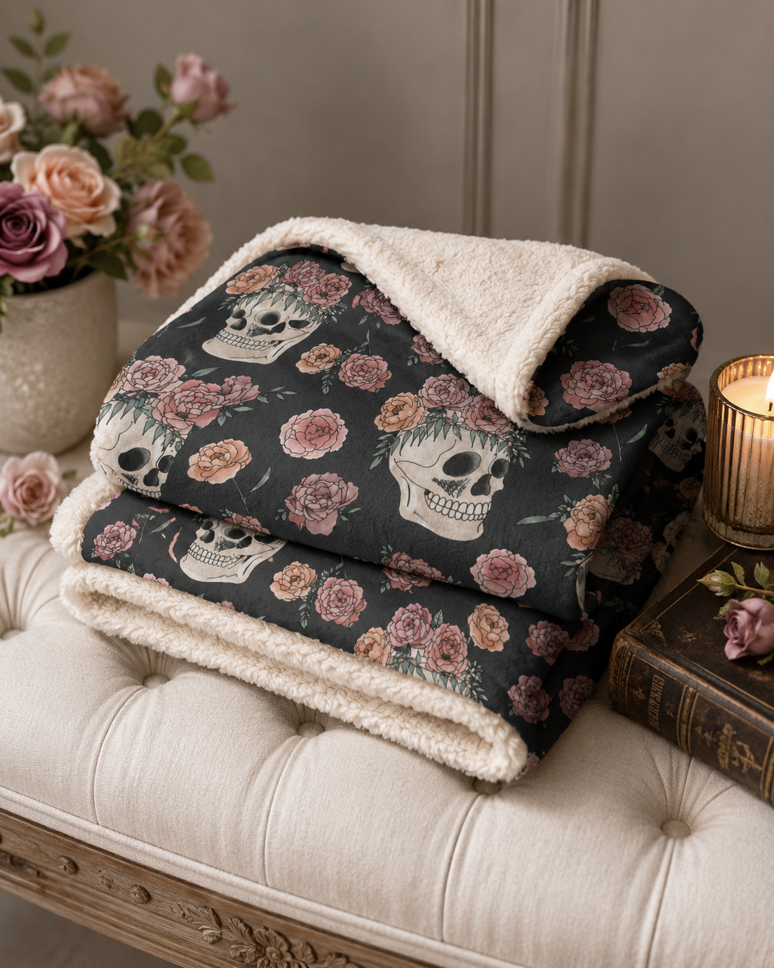 Floral Skull Pattern Sherpa Blanket | Rose Skull Fleece Throw