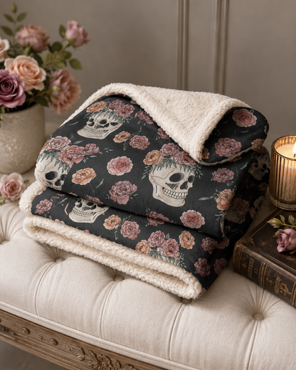 Floral Skull Pattern Sherpa Blanket | Rose Skull Fleece Throw