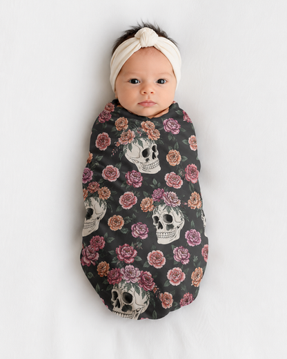 Floral Skull Baby Swaddle Blanket | Dark Rose Newborn Blanket