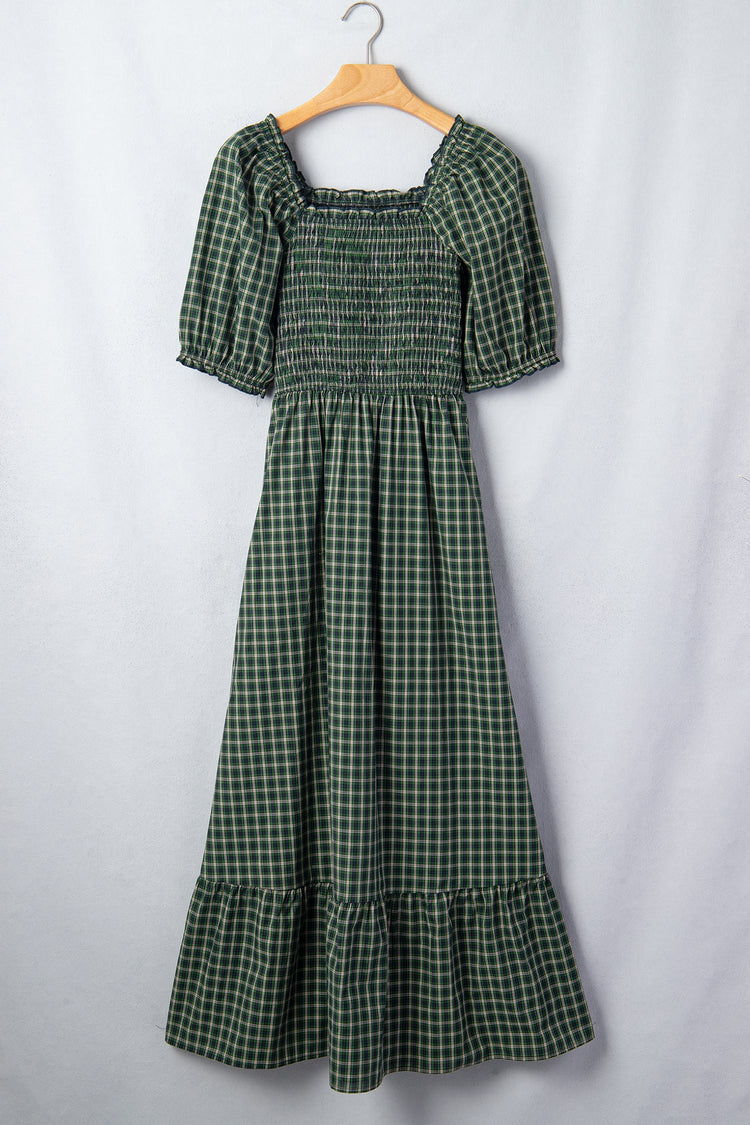 Daisy Plaid Shirred Ruffle-Hem Dress