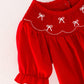Girls Bow Smocking Embroidered Red Romper