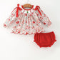 Christmas Red Floral Baby Girl Outfit Set Embroidery Bloomer Set