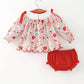 Christmas Red Floral Baby Girl Outfit Set Embroidery Bloomer Set