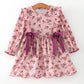 Fall Purple Rose Floral Girl Dress Bow Ruffle Long Sleeve Scalloped Hem