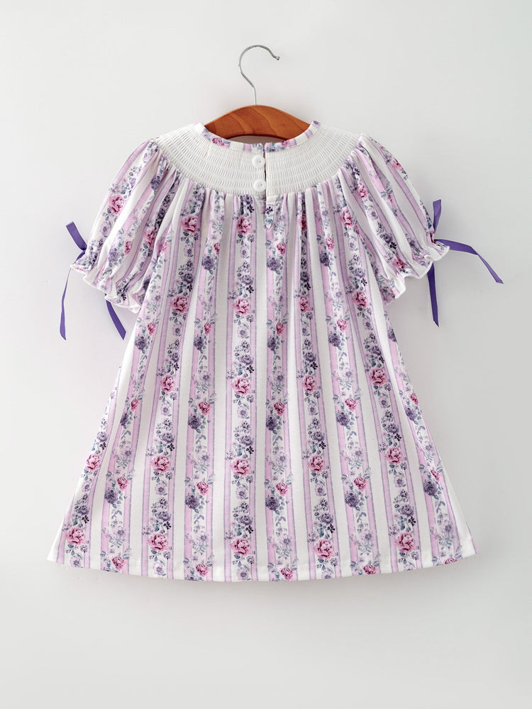 Fall Purple Floral Smocked Embroidered Girl Dress