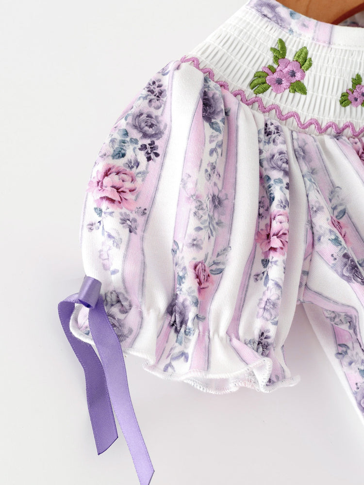 Fall Purple Floral Smocked Embroidered Baby Girl Romper