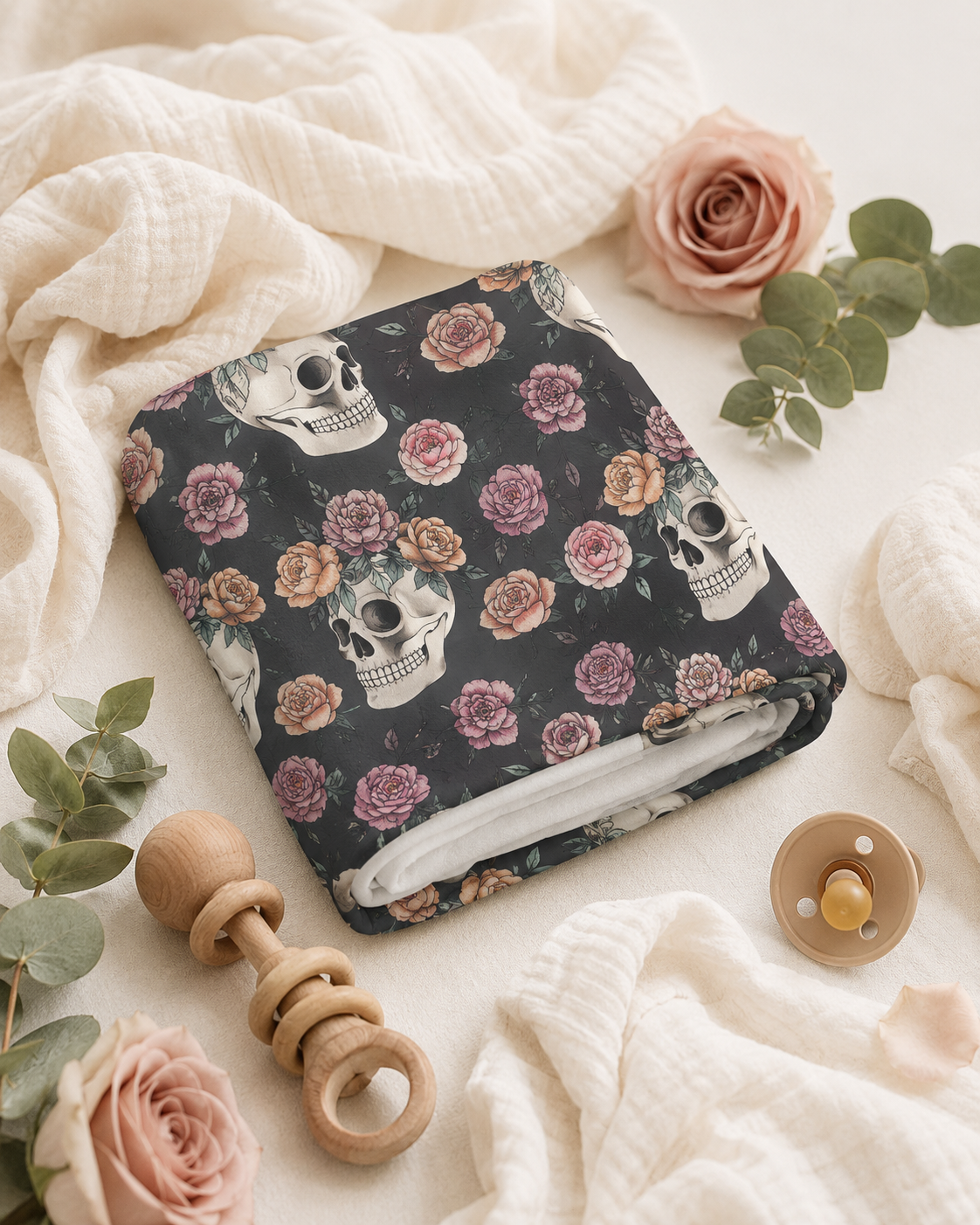 Floral Skull Baby Swaddle Blanket | Dark Rose Newborn Blanket