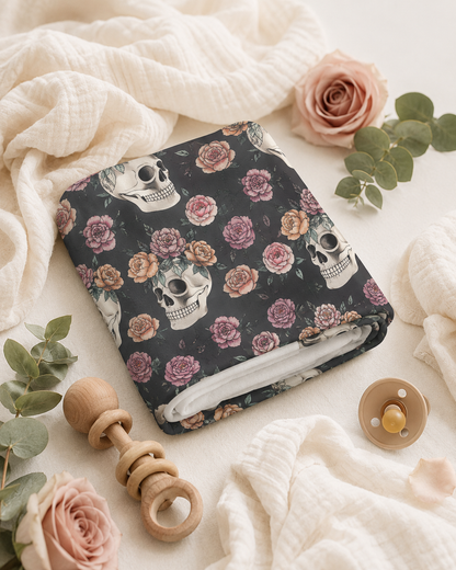 Floral Skull Baby Swaddle Blanket | Dark Rose Newborn Blanket