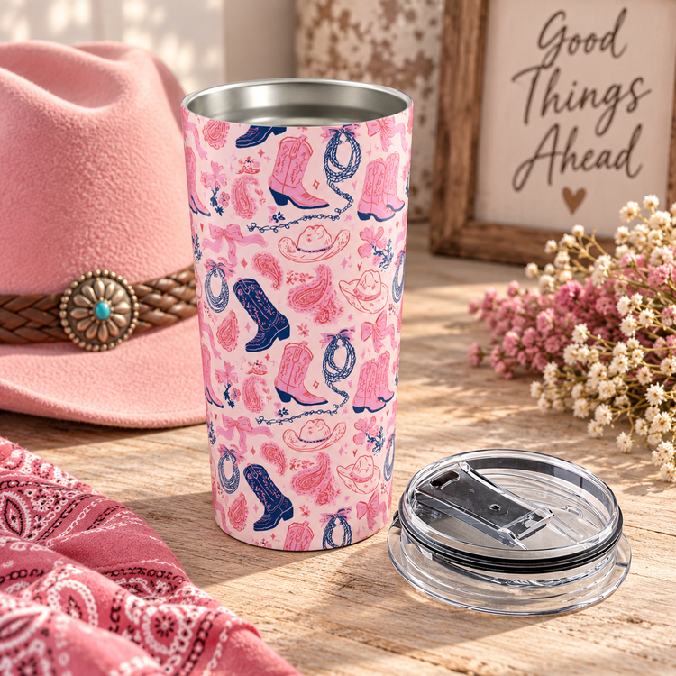 20oz Pink Western Cowgirl Tumbler | Boots, Hats & Bandana