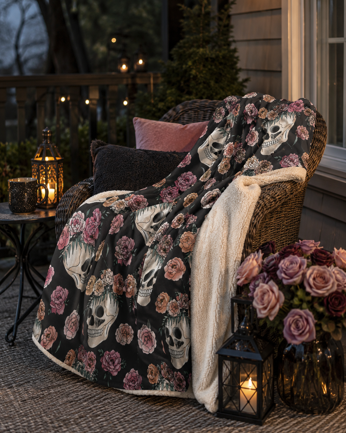 Decorative blanket with skull and floral pattern draped over a chair on a patio.