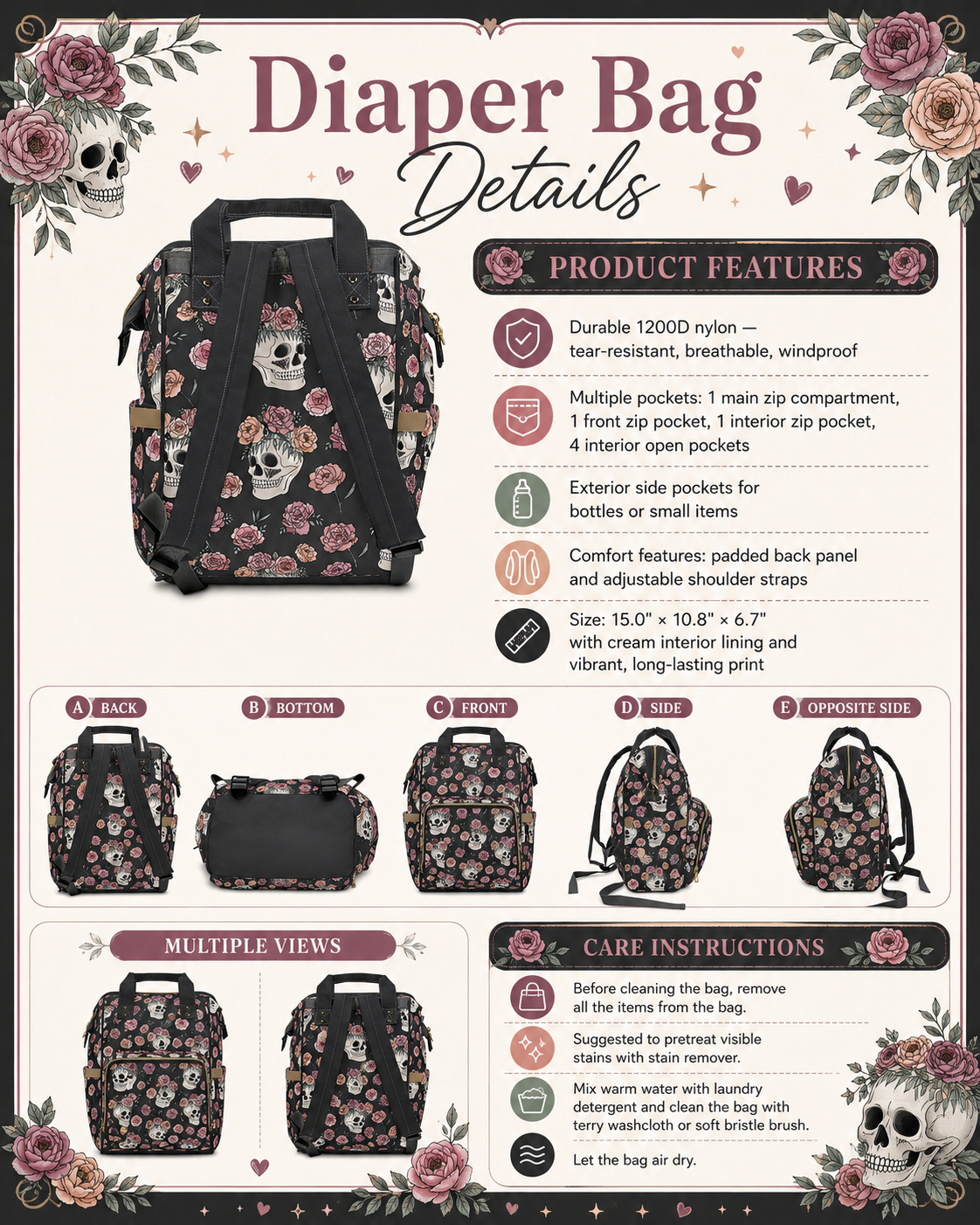 Floral Skull Diaper Backpack | Dark Rose Baby Bag