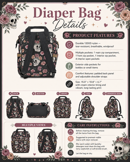 Floral Skull Diaper Backpack | Dark Rose Baby Bag