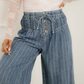 Cora Blue Stripe Button Pleated Drawstring Waist Casual Wide Leg Jeans