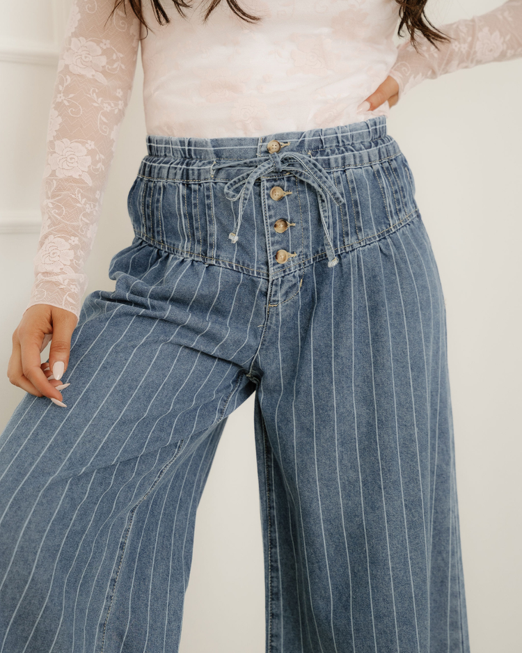 Cora Blue Stripe Button Pleated Drawstring Waist Casual Wide Leg Jeans