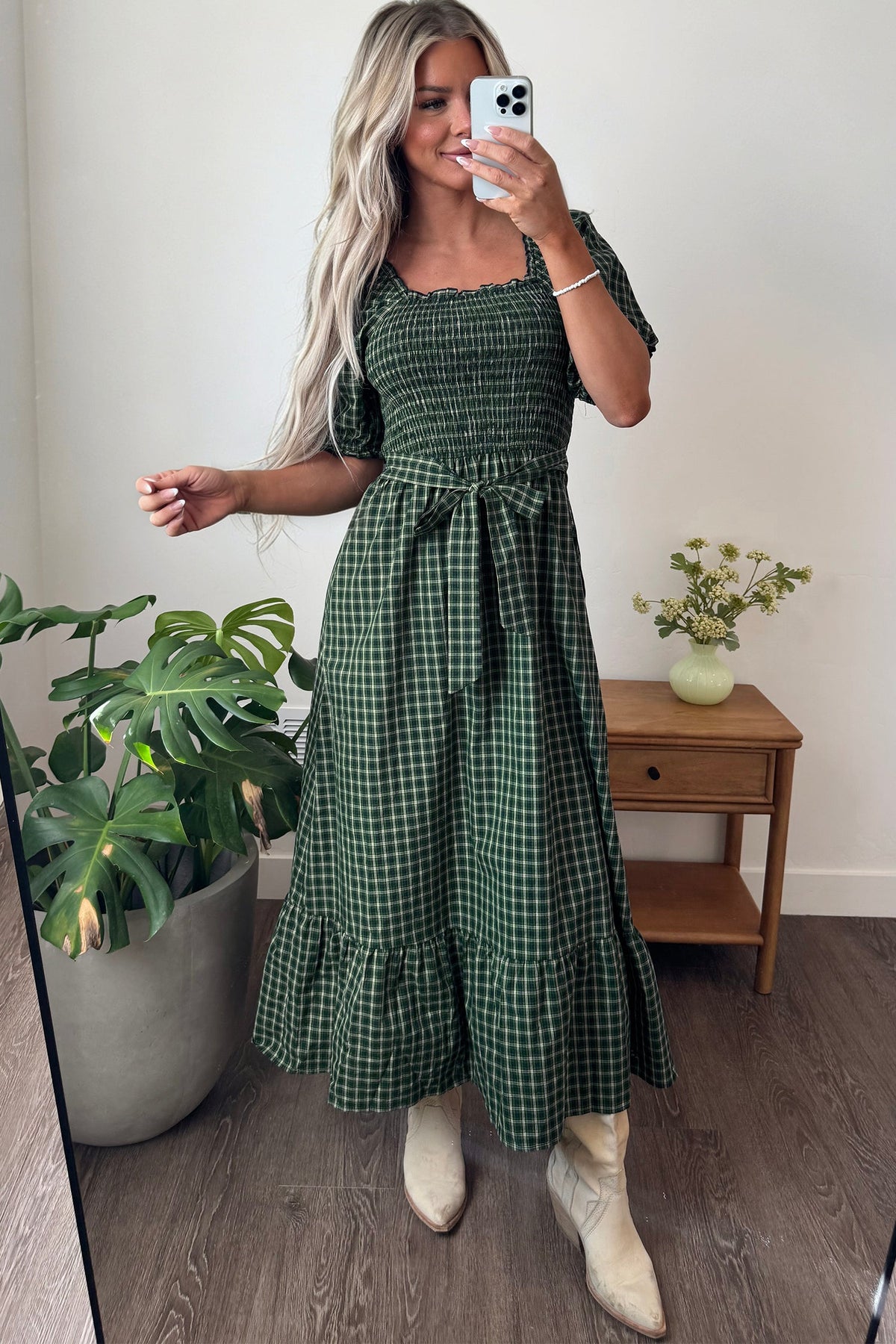 Daisy Plaid Shirred Ruffle-Hem Dress