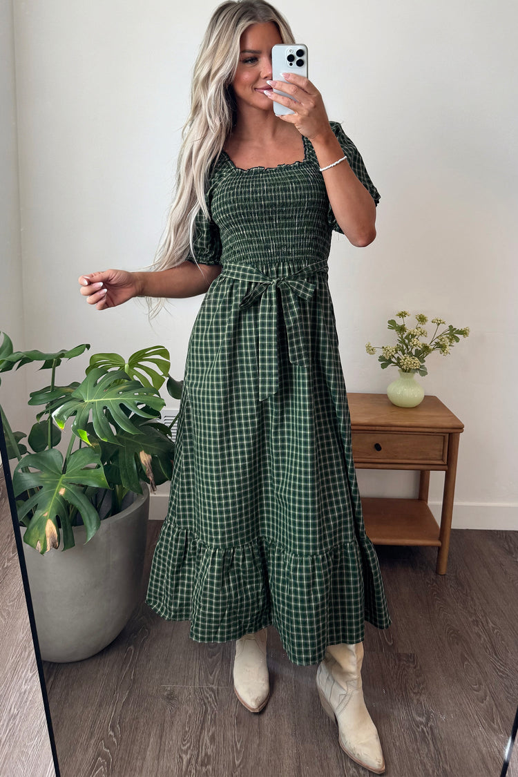 Daisy Plaid Shirred Ruffle-Hem Dress