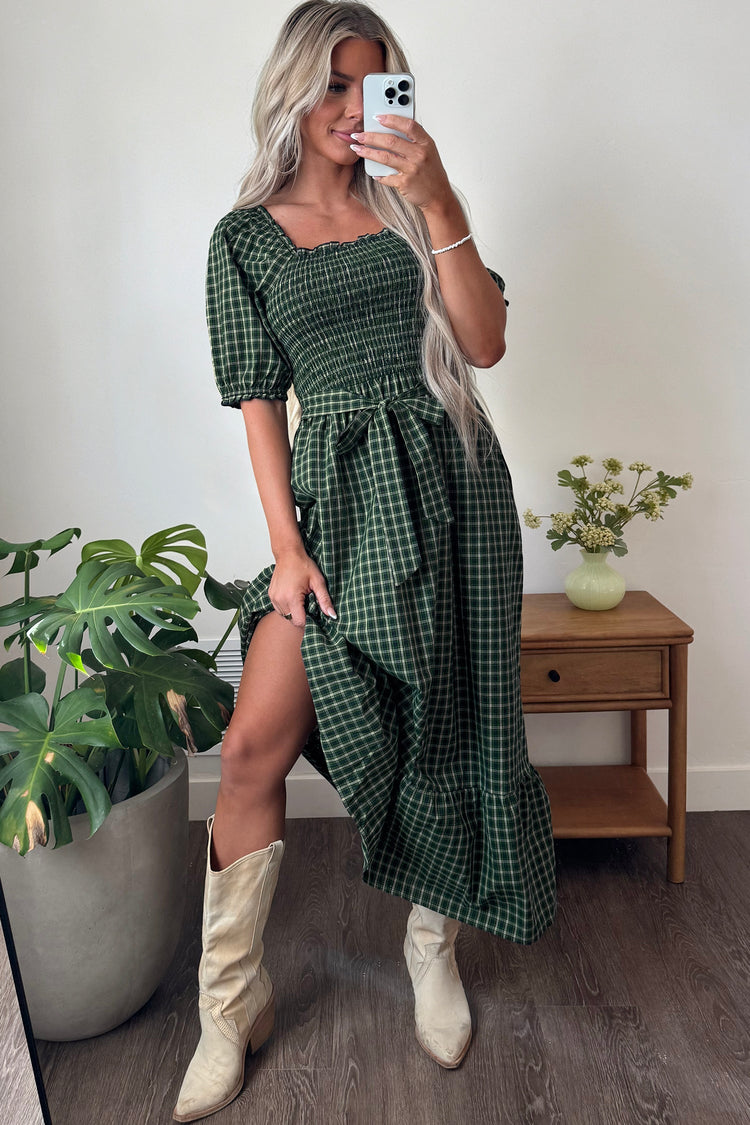 Daisy Plaid Shirred Ruffle-Hem Dress