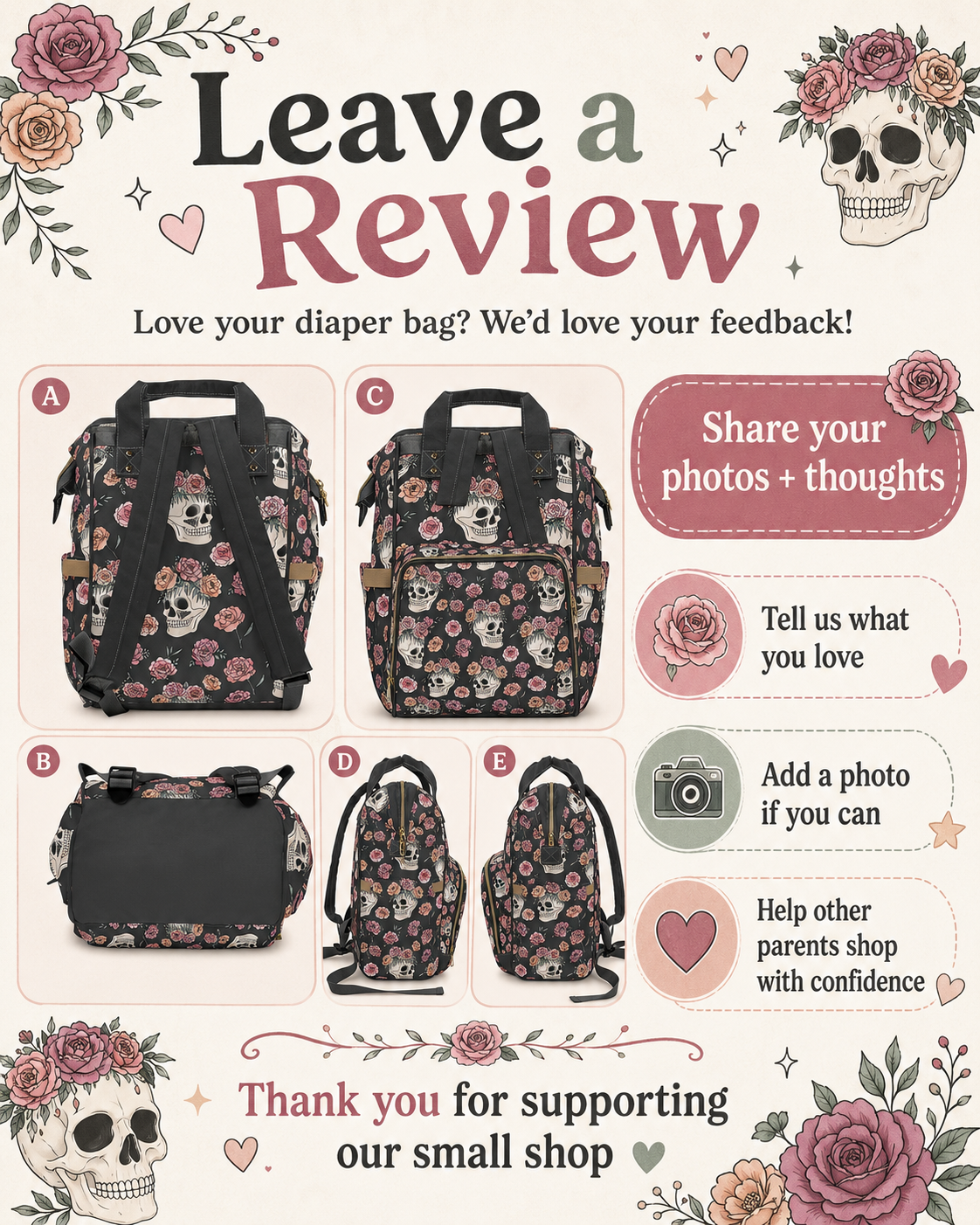 Floral Skull Diaper Backpack | Dark Rose Baby Bag