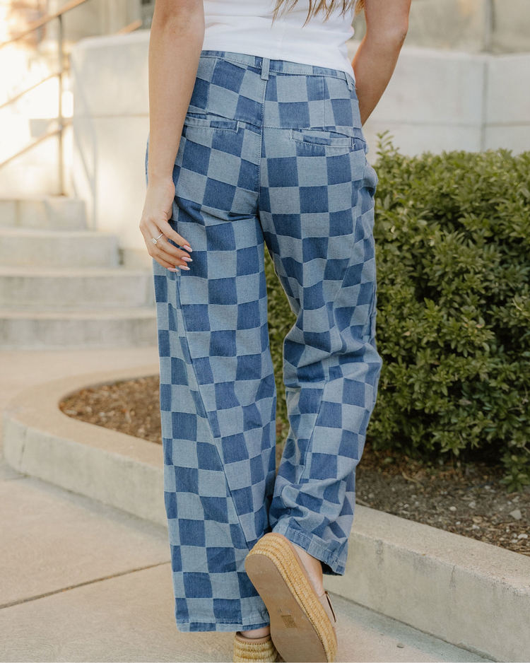 Naomi Checkered Denim Wide Leg Jeans