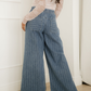 Cora Blue Stripe Button Pleated Drawstring Waist Casual Wide Leg Jeans