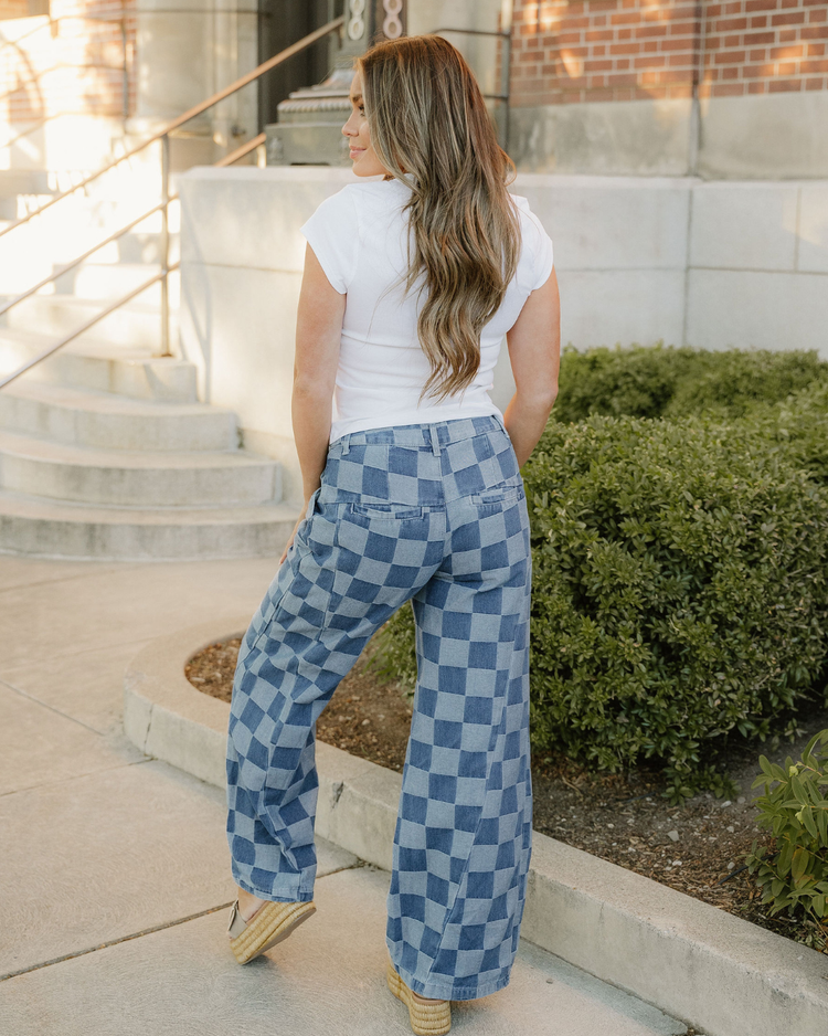 Naomi Checkered Denim Wide Leg Jeans