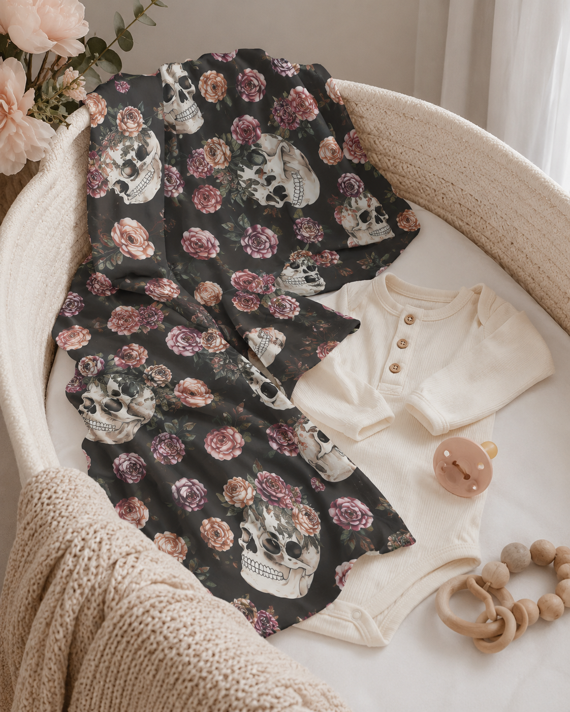 Floral Skull Baby Swaddle Blanket | Dark Rose Newborn Blanket