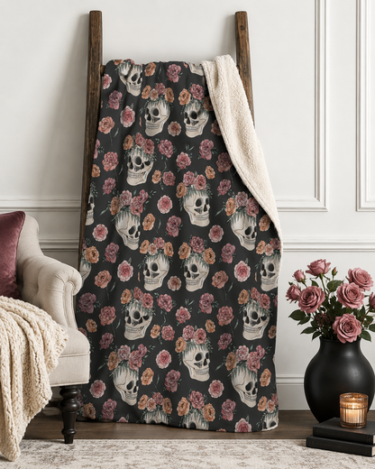 Floral Skull Pattern Sherpa Blanket | Rose Skull Fleece Throw