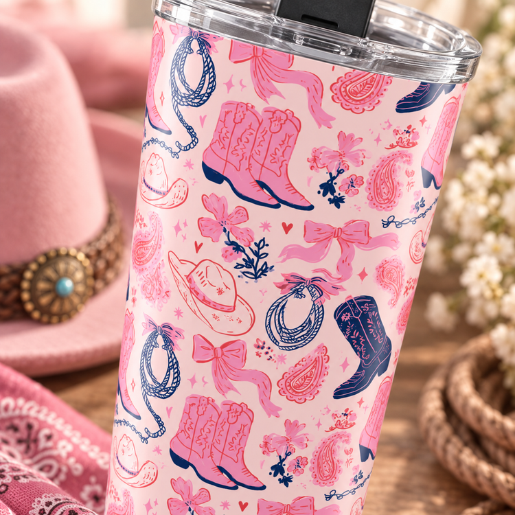 A clear-lidded tumbler with a pink western-themed print featuring cowboy boots, hats, bows, and paisley, styled with a pink hat and rope on a rustic wooden surface.