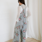 Scottie Floral Print Pleated High Waist Wide Leg Denim Jumpsuit