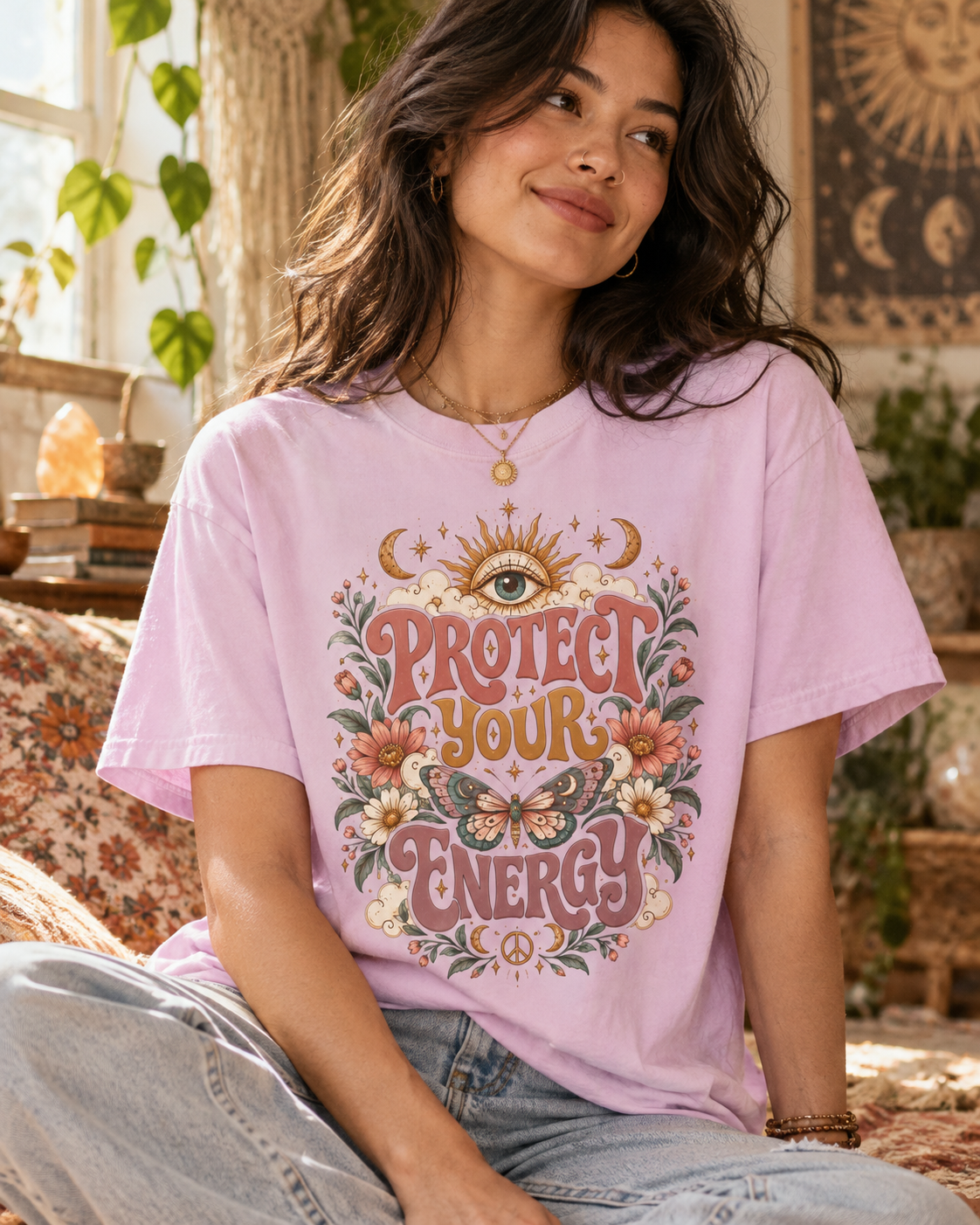 Protect Your Energy Comfort Colors Tee | Boho Celestial Graphic Shirt