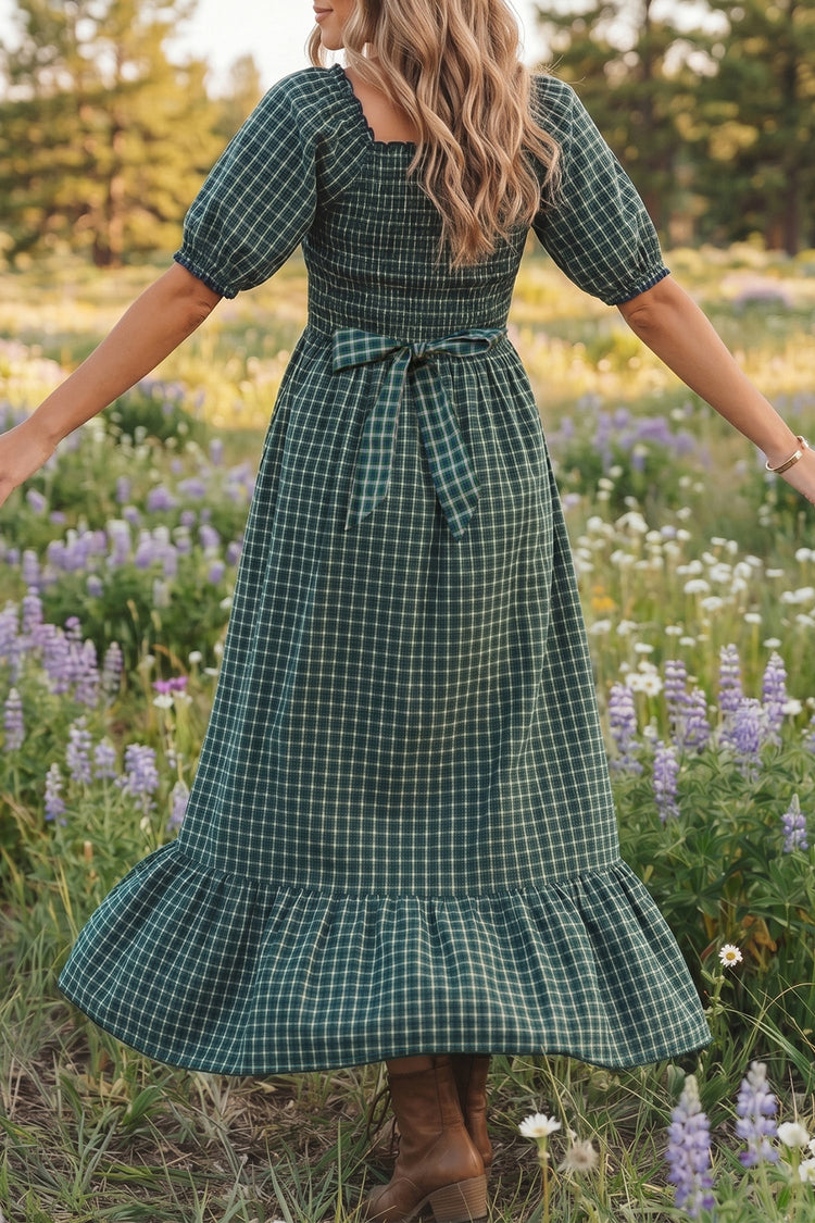Daisy Plaid Shirred Ruffle-Hem Dress