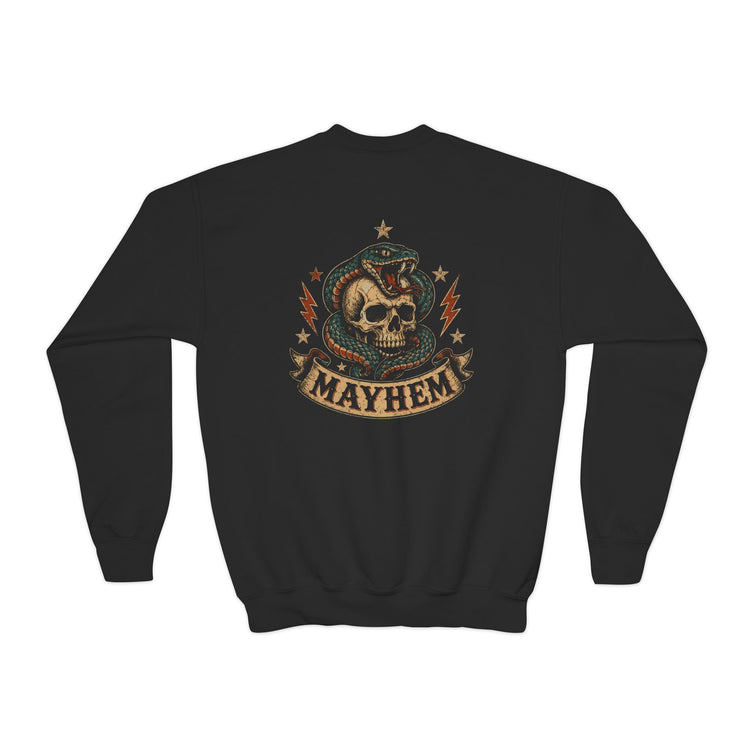 Skull and Snake Mayhem Youth Crewneck Sweatshirt | Retro Rock Graphic