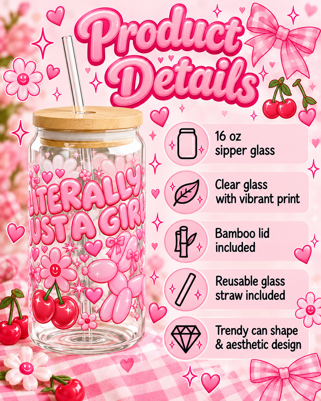 Literally Just a Girl | Pink Coquette 16oz Sipper Glass