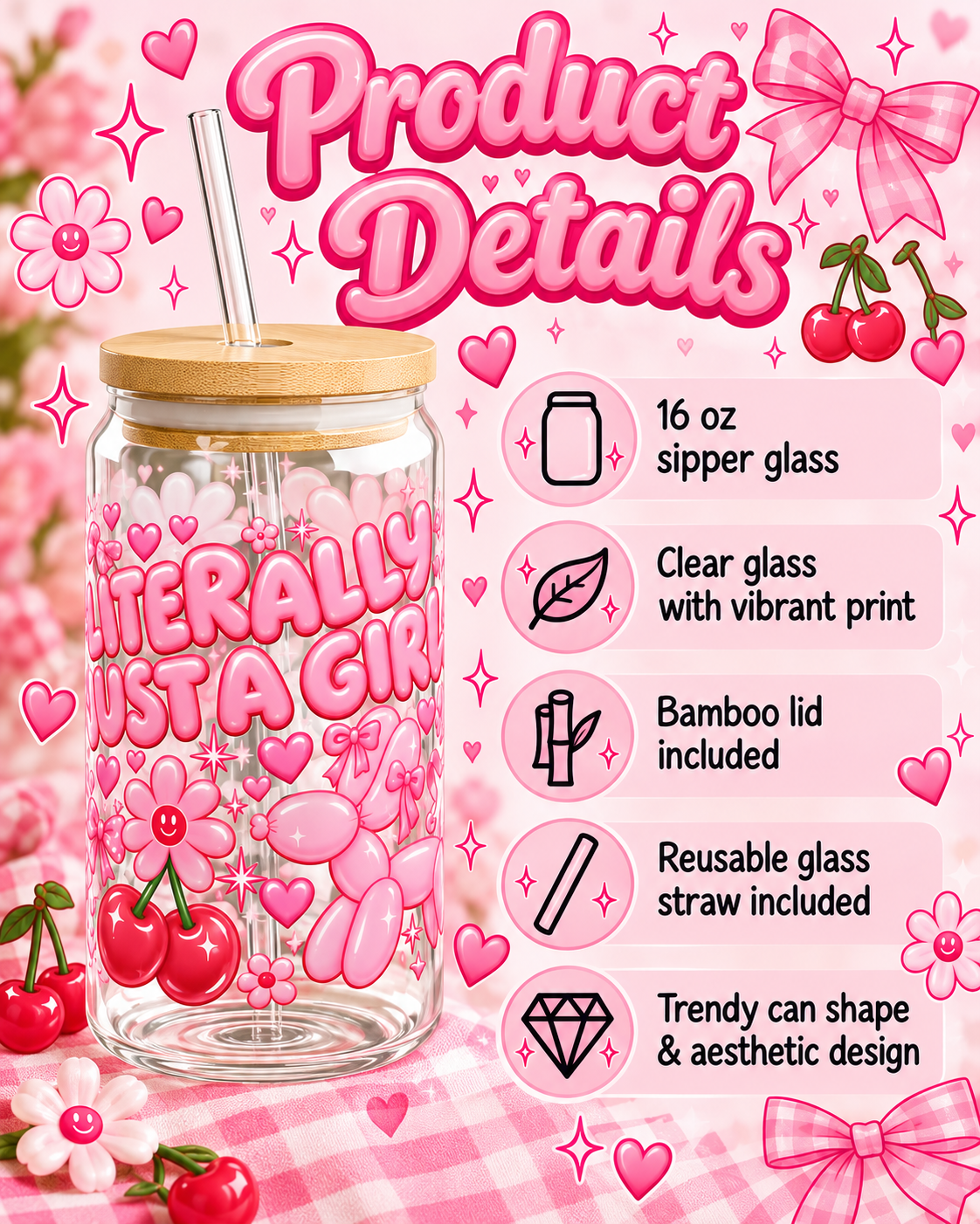 Literally Just a Girl | Pink Coquette 16oz Sipper Glass