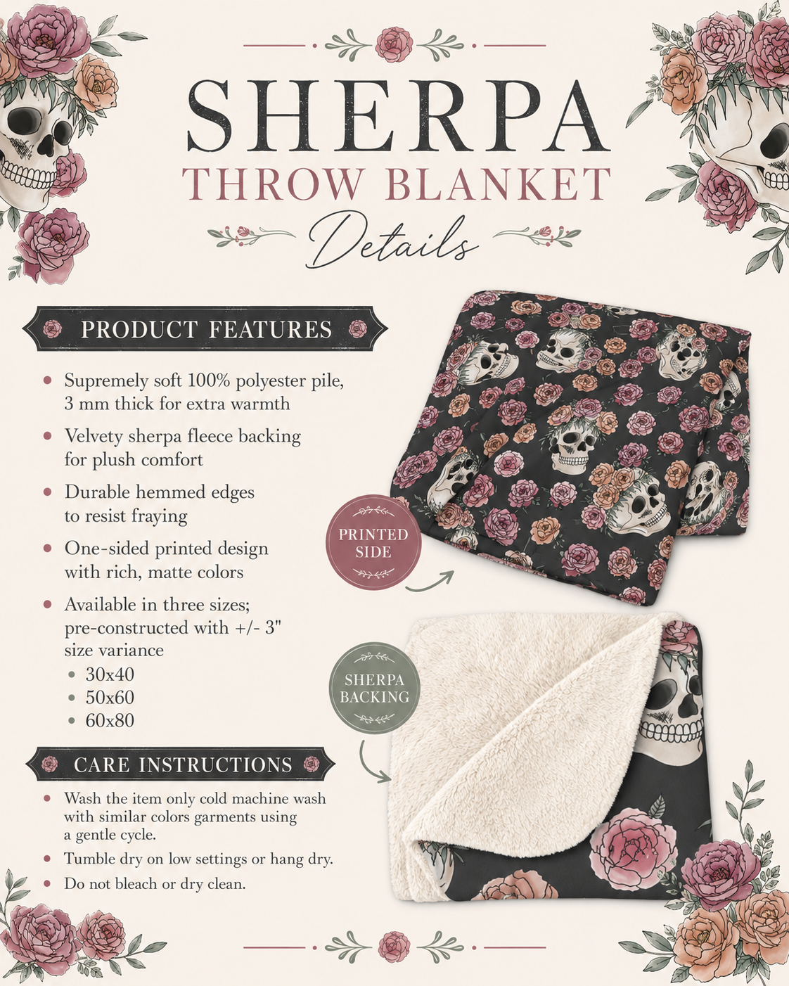 Floral Skull Pattern Sherpa Blanket | Rose Skull Fleece Throw
