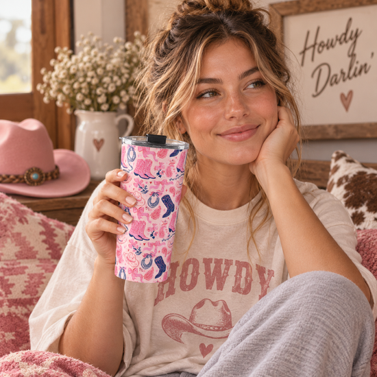A woman in a cozy room setting holds a pink insulated tumbler with a cowboy-themed pattern. She is wearing a cream graphic t-shirt and gray sweatpants, sitting on a patterned couch with a pink hat and a decorative sign in the background.