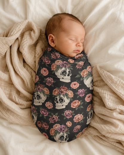 Floral Skull Baby Swaddle Blanket | Dark Rose Newborn Blanket