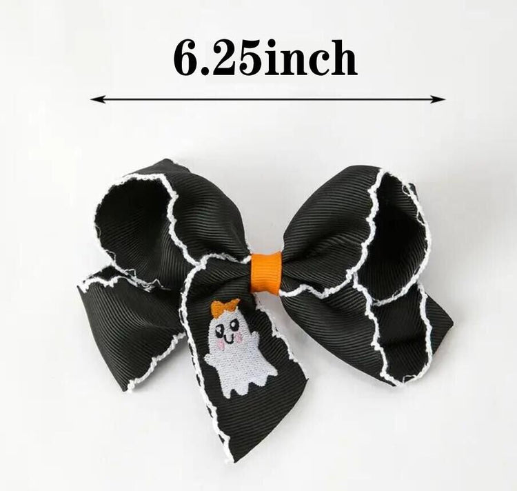 Halloween Ghost Embroidered Black Bow Hairpin