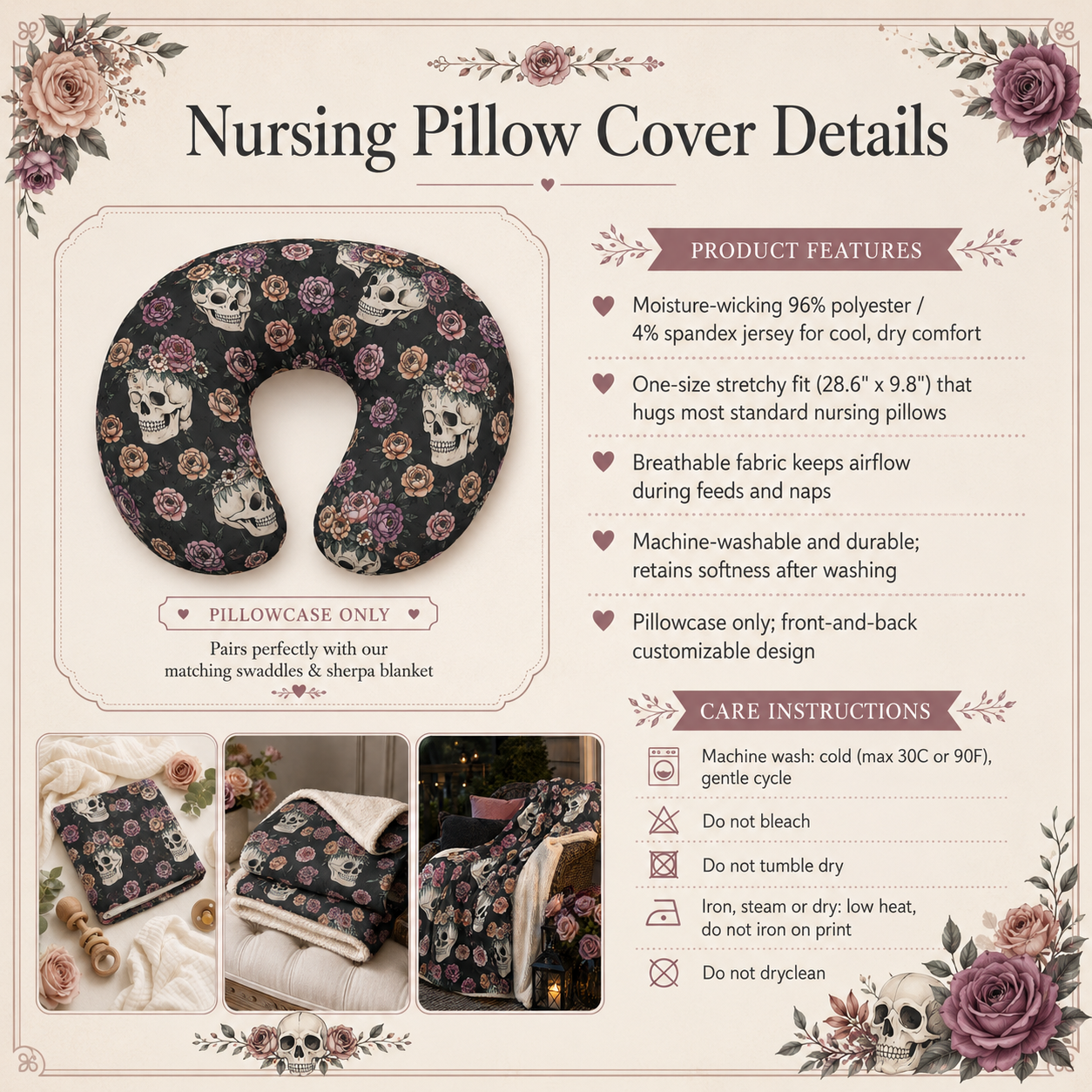Floral Skull Nursing Pillow Cover | Dark Rose Baby Pillowcase
