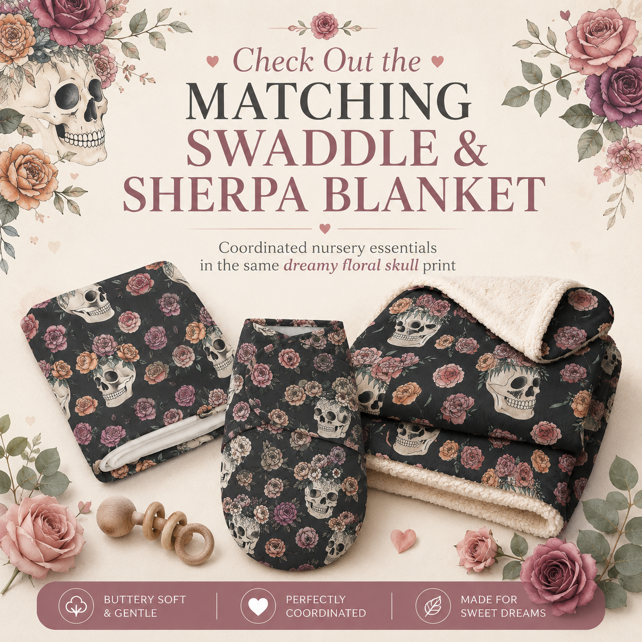 Floral Skull Nursing Pillow Cover | Dark Rose Baby Pillowcase