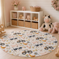 A round children's play rug with a farm and tractor pattern, styled in a soft, pastel nursery room with toys, a rocking horse, and a white shelving unit.