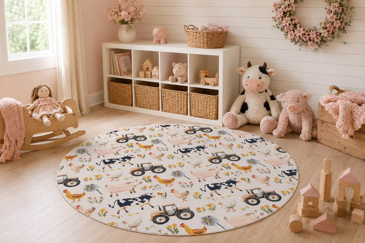 A round children's play rug with a farm and tractor pattern, styled in a soft, pastel nursery room with toys, a rocking horse, and a white shelving unit.