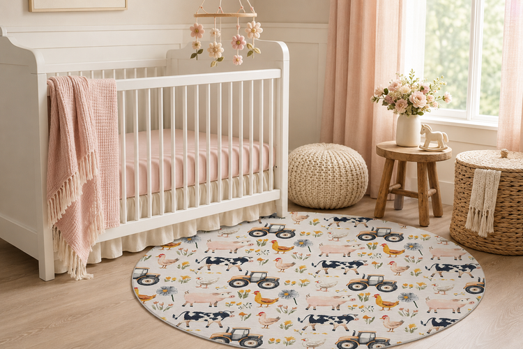 Farm Animal Nursery Rug | Round Baby Girl Farmhouse Area Rug