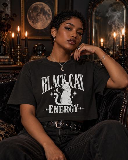 A woman sits on a dark velvet armchair in a dimly lit, gothic room, wearing a black graphic t-shirt with 'BLACK CAT ENERGY' and a white cat illustration printed on the front.